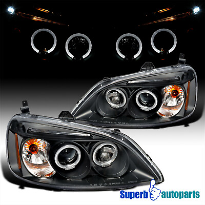 #ad Fit 2001 2003 Honda Civic Projector Headlights Head Lamp Black 01 03 Replacement $129.98