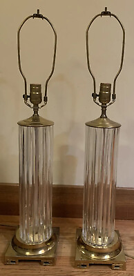 #ad Mid century Crystal Pair Brass Base Lamps 29” High 50 Wide $297.00