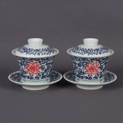 #ad Chinese Ancient Blue White Underglaze Red Porcelain Lotus Pattern Lid Bowl Pair $58.00