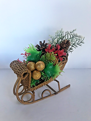 #ad VTG Christmas Decorative Holiday Wicker Sleigh Basket Xmas Greenery Tabletop 7quot; $14.99