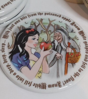 #ad Vtg Cardew Designs Snow White Fairytale Ceramic Coasters Set of 4. Felt Bottom. $14.00