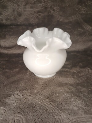 #ad Vintage Fenton Milk White Glass Ruffle Rim Rose Bowl $14.00