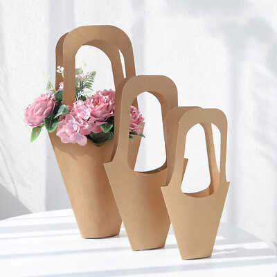 #ad 1Pc Handle Kraft Paper Flower Bags Flowers Wrapping Gift Flower Packaging Box $7.17