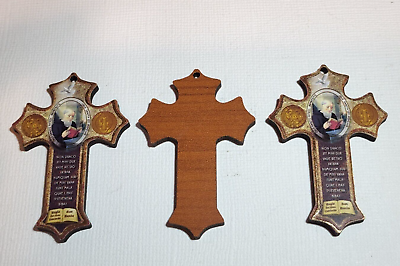 #ad Three Wooden Saint Benedict Crosses Traditional Images Latin Prayer 2quot; Italy $9.99
