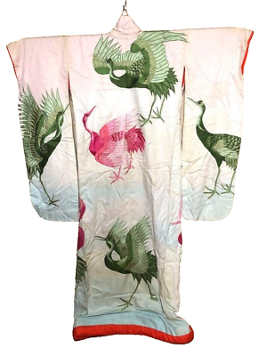 #ad Japanese Kimono Uchikake Vintage Gorgeous wedding Pink Green Crane u47 $250.00