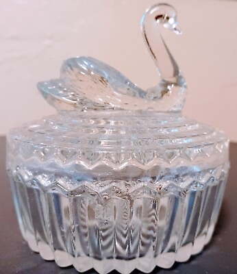 #ad Vintage Swan Figurine Crystal Clear Trinket Box With Lid $14.99