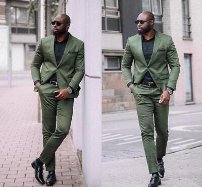 #ad Army Green Mens Suits Slim Fit Two Pieces Beach Groomsmen Wedding For Black Men $49.45