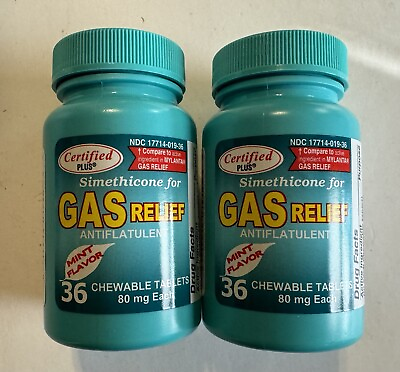 #ad 2 PK Assured Simethicone Gas Relief Chewable Tablets 80mg Anti Gas Bloating 72CT $10.95
