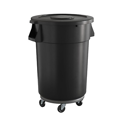 #ad Commercial Round Plastic Trash Can with Lid and Dolly 44 Gallon Black $198.99