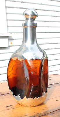 #ad 1930#x27;s Royal Holland Pewter Daalderop Amber Pinched Glass Liquor Decanter $90.99