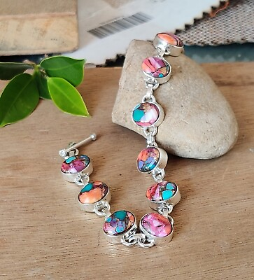 #ad Pink Oyster Copper Turquoise Gemstone 925 Sterling Silver Women Bracelet MO1021 $15.84