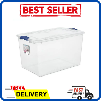 #ad Stackable Plastic Tote Box Storage Containers Bin 66 Quart Blue Latches $12.99
