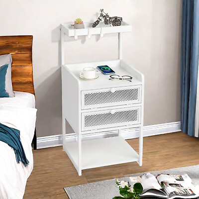 #ad White Single Nightstand w 2 Drawer amp; RGB Charging Station amp; USB Bedside Table $102.95
