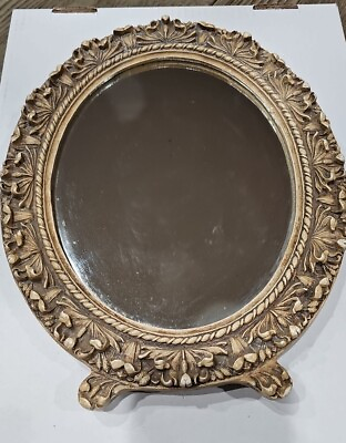 #ad Vintage Syroco Wood Table Mirror Oval Ornate Scroll Suracuse NY. MCM 13quot; $42.00