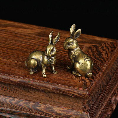 #ad 1 Pair Small Brass Rabbit Figurine Rabbit Statue Ornament House Animal Figurines $10.29