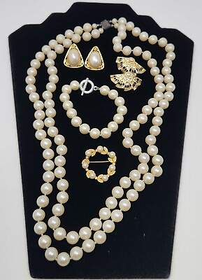 #ad Vintage Faux Pearl Gold Tone Jewelry Lot Bracelet Brooch Earrings Necklace 5 pcs $19.99
