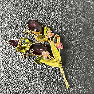 #ad Vintage Brooch with Red Green and Burgandy Rhinestones Flower Bouquet Pin $30.80