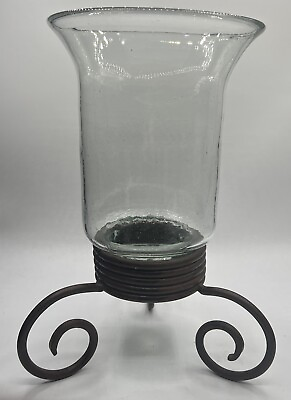 #ad 15 Inch Hand Blown Glass Vase with Pontil Mark Hurricane Lamp Iron Base Vintage $135.99