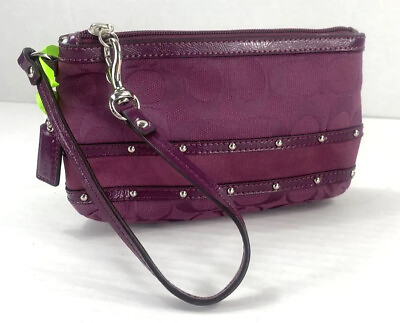 #ad Coach Wristlet Signature Studs Purple Canvas Leather Zip Medium W15 $39.99