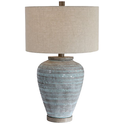 #ad Rustic Bohemian Round Aqua Blue Gray Table Lamp Ceramic Vintage Style Cottage $393.80