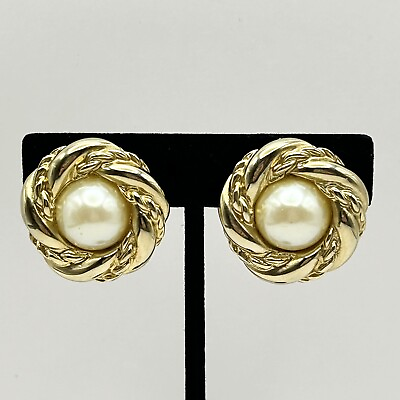 #ad Vintage Ellen’s Designs Gold Tone Faux Pearl Round Rope Swirl Clip Back Earrings $16.00