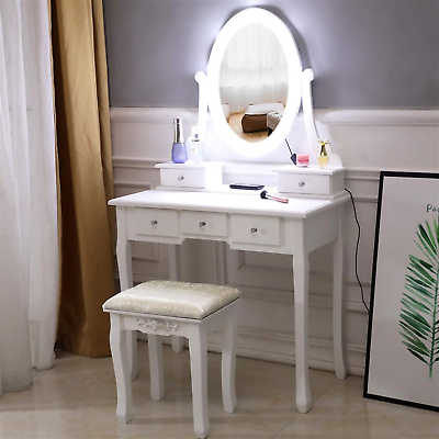#ad Vanity Mirror with Lights and Table Set with Cushioned StoolMakeup Vanity Set w $222.99