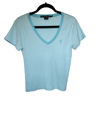 #ad Ralph Lauren Sport Womens Blue and White Strip V Neck Short Sleeve Tee Size L $28.00
