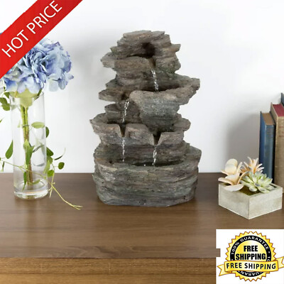 #ad Tabletop Tiered Water Fountain W Cascading Rock Waterfall LED Lights Garden New $41.35