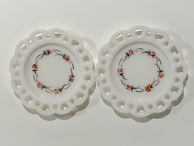 #ad Vintage Milk Glass Hand Painted Roses Plates 8quot; Open Lace Pattern Set of 2 $17.41