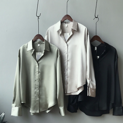 #ad Women Fashion Button Up Faux Satin Silk Shirt Vintage Work Blouse Long Sleeve $18.43