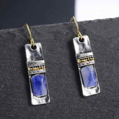 #ad Retro Boho Blue Moonstone Dangle Earrings Fashion Women Retro Silver Plated Gift $12.98