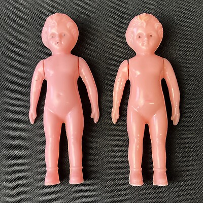 #ad 2 VINTAGE PINK HARD PLASTIC DOLLHOUSE DOLL 4 3 8quot; TALL JOINTED ARMS $12.75
