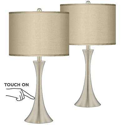 #ad Industrial Touch Table Lamps Set of 2 LED Brushed Nickel Taupe Shade Living Room $159.99
