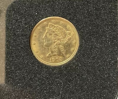 #ad 1908 $5 Liberty Head Gold U.S. Pre 33 Gold Coin $637.00