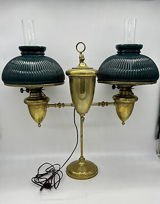 #ad Victorian Emerald Green Ribbed Brass Double Student Lamp 1870#x27;s  Electrified $1250.00