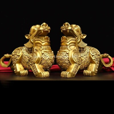 #ad Pair 8quot; Bronze Brass Feng Shui Fortune Wealth Dragon Unicorn Beast Money Statue $276.00