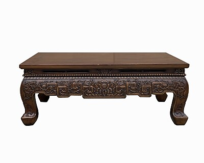 #ad Vintage Rustic Brown Ru Yi Carving Rectangular Wood Kang Coffee Table cs7754 $2730.00