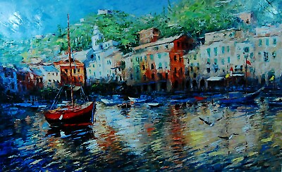 #ad Portofino Marina by Elena Bond Hand Embellished Giclee on Canvas Signed UNFRAMED $1760.00