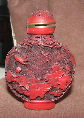 #ad Antique 19C Chinese Qianlong Cinnabar Lacquer Carved Carving Snuff Bottle Flower $390.00