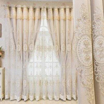 #ad Luxury Embossed Flower Embroidered Double Layer Curtains 3D Floral Pearl Sheer $264.51