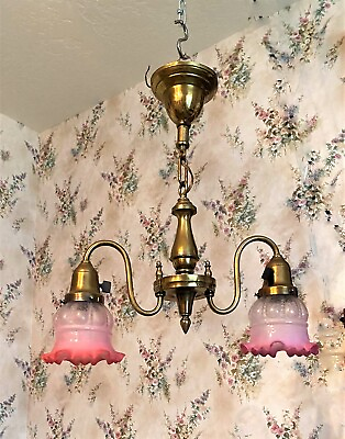 #ad ANTIQUE TWO ARMED HANGING LAMP LIGHT CHANDELIER w CRANBERRY SHADES $585.00