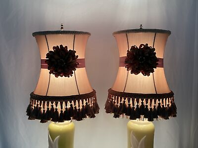 #ad PAIR Art Deco Boho Lamp Shade Beige Gold Flower Fringe 10quot; Drum Buffet Boudoir $299.99