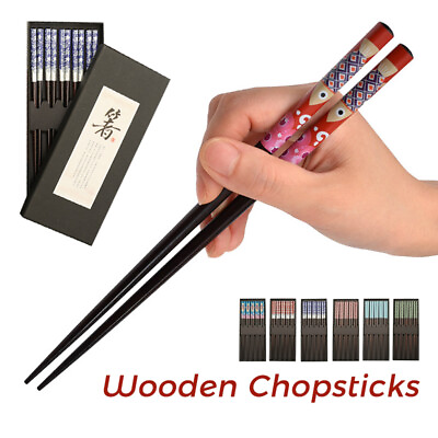 #ad 5 Pairs Chopsticks set Chinese Japanese Reusable Real Wood Chopsticks Gift Box $9.85