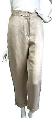 #ad Eileen Fisher Silk Pant Flat Front Tapered Cuffed Pockets Button Beige S VGUC $29.95