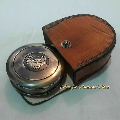 #ad Antique Nautical Brass Stanley London 1885 Compass With Leather Box Gift Item $28.07