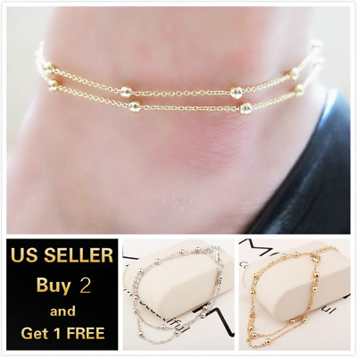 #ad Double Layer Beads Gold Silver Anklet Ankle Bracelet Foot Chain $3.59