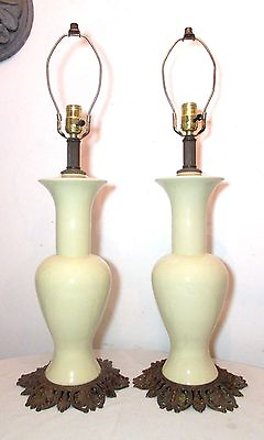 #ad #ad pair vintage Paul Hanson bronze porcelain ceramic opaline electric table lamps $348.29