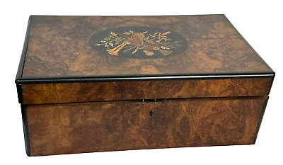 #ad fine Edwardian Victorian 1800s burl walnut lap desk box birdseye maple inlaid $275.00
