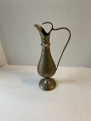 #ad Brass Pitcher Bud Vase 11” Etched Floral Leaves India $25.00