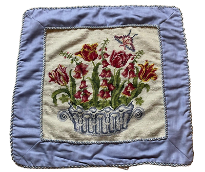 #ad NEW Handmade Wool Needlepoint Throw Pillow Cover Flowers Tulips Basket Linen 18quot; $64.99